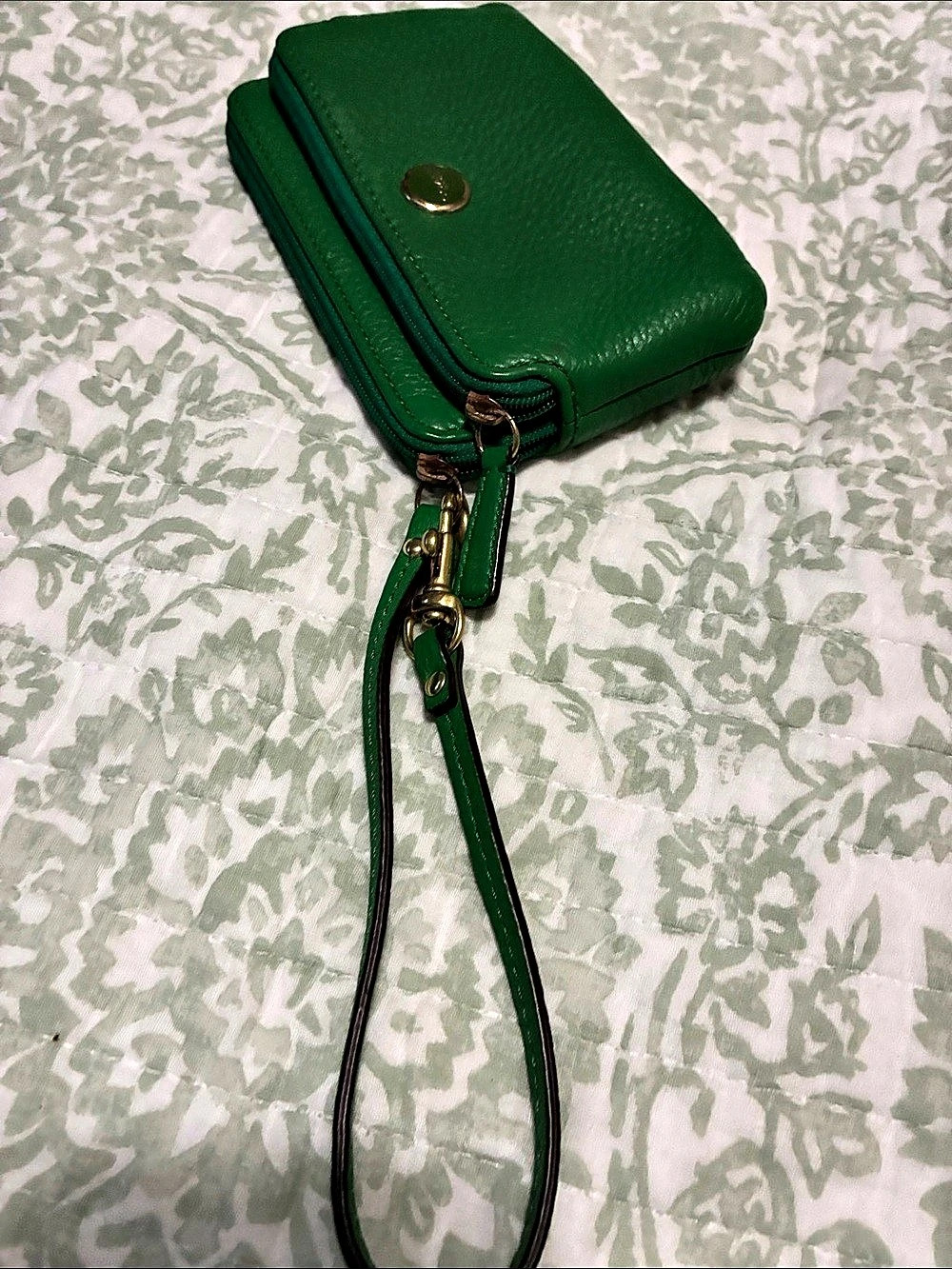 Coach Double Corner Zip Wristlet Green Leather Clutch